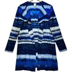 Chico's Womens Crepe Crinkle Open Front Cardigan Jacket Sz 2 Blue Tie Dye Stripe